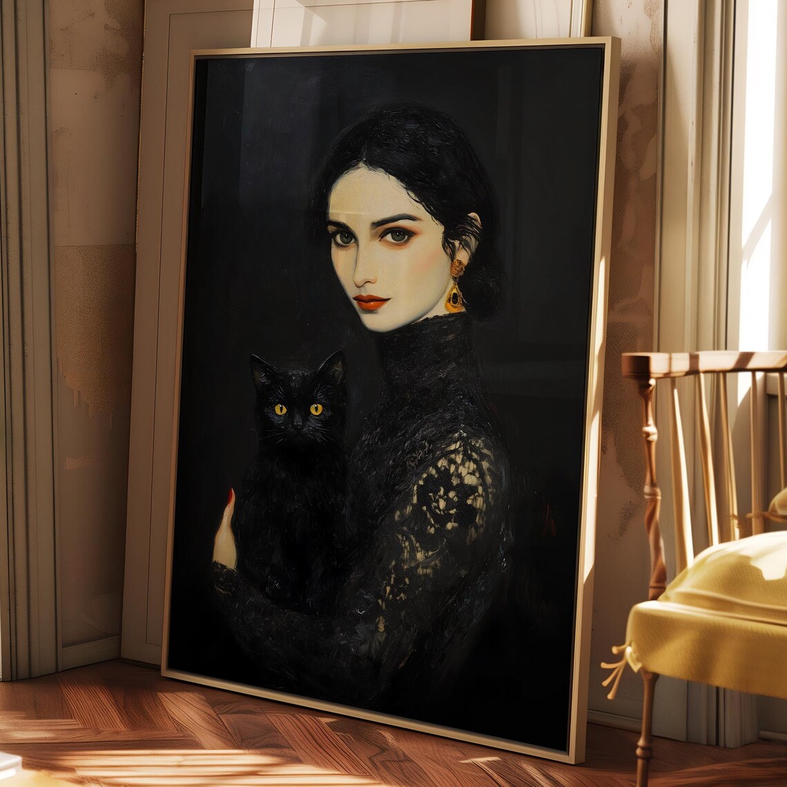Gothic Victorian Woman In Black Lace Holding Cat Portrait Art Print - Image 4