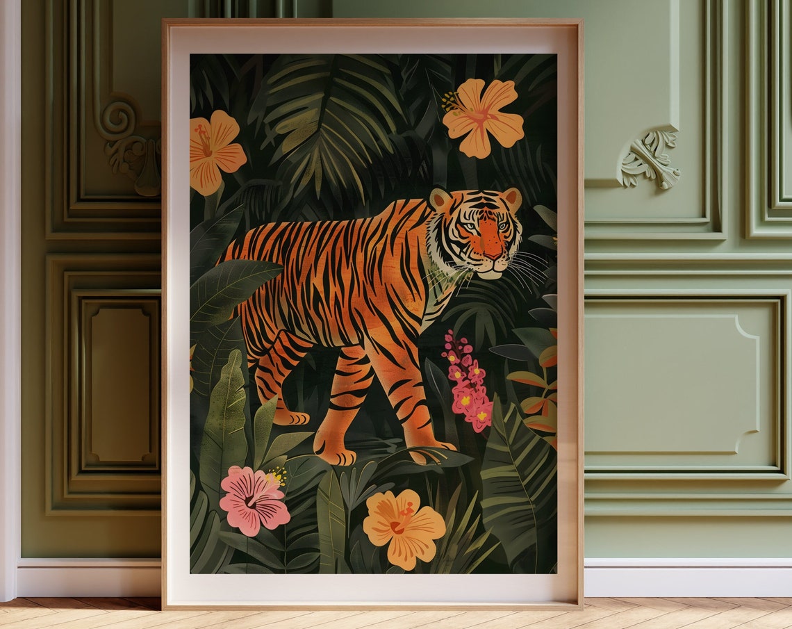 Tiger Prowling Through Dark Jungle Hibiscus Flowers Art Poster - Image 4