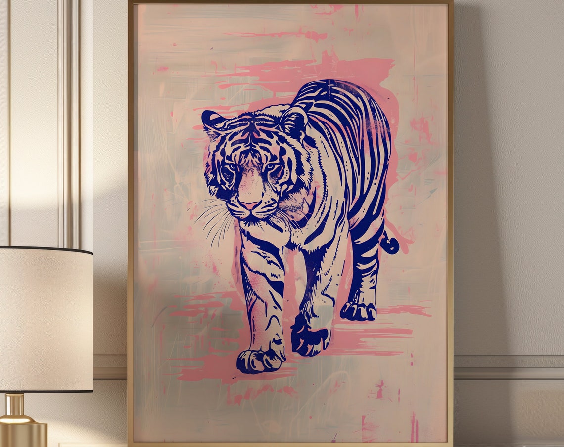 Blue Line Art Tiger On Pink Bold Maximalist Style Art Poster - Image 3