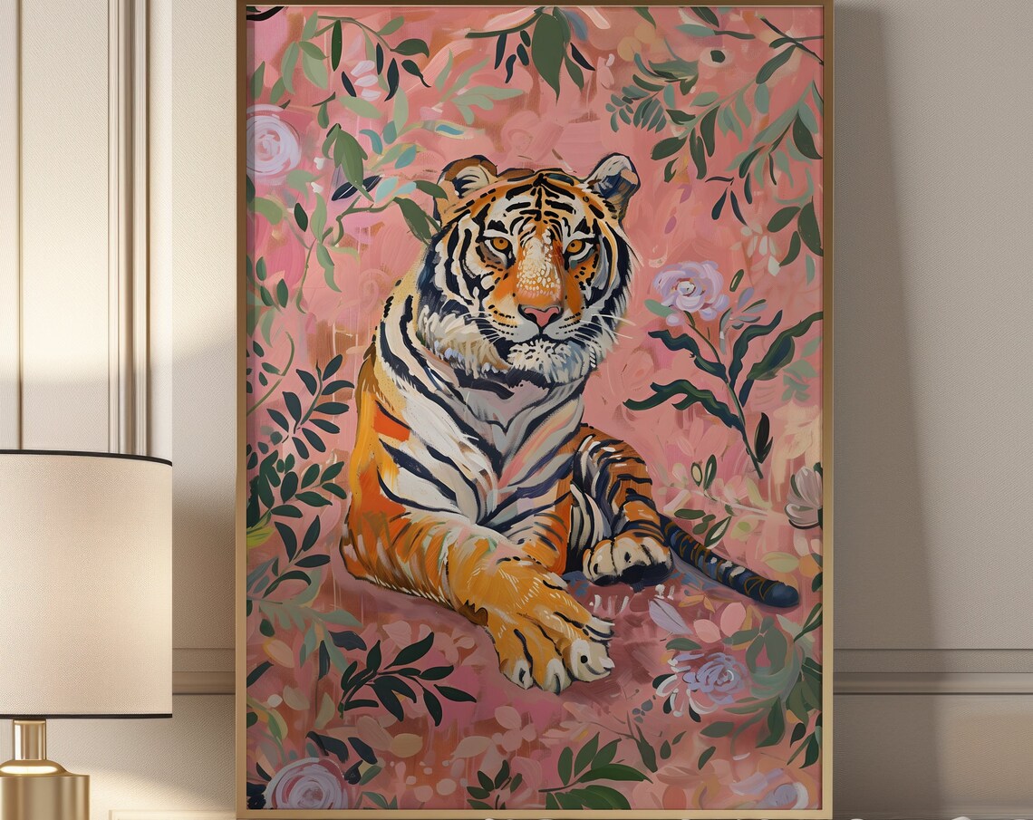 Tiger Lounging Among Pink Flowers Maximalist Floral Art Poster - Image 4