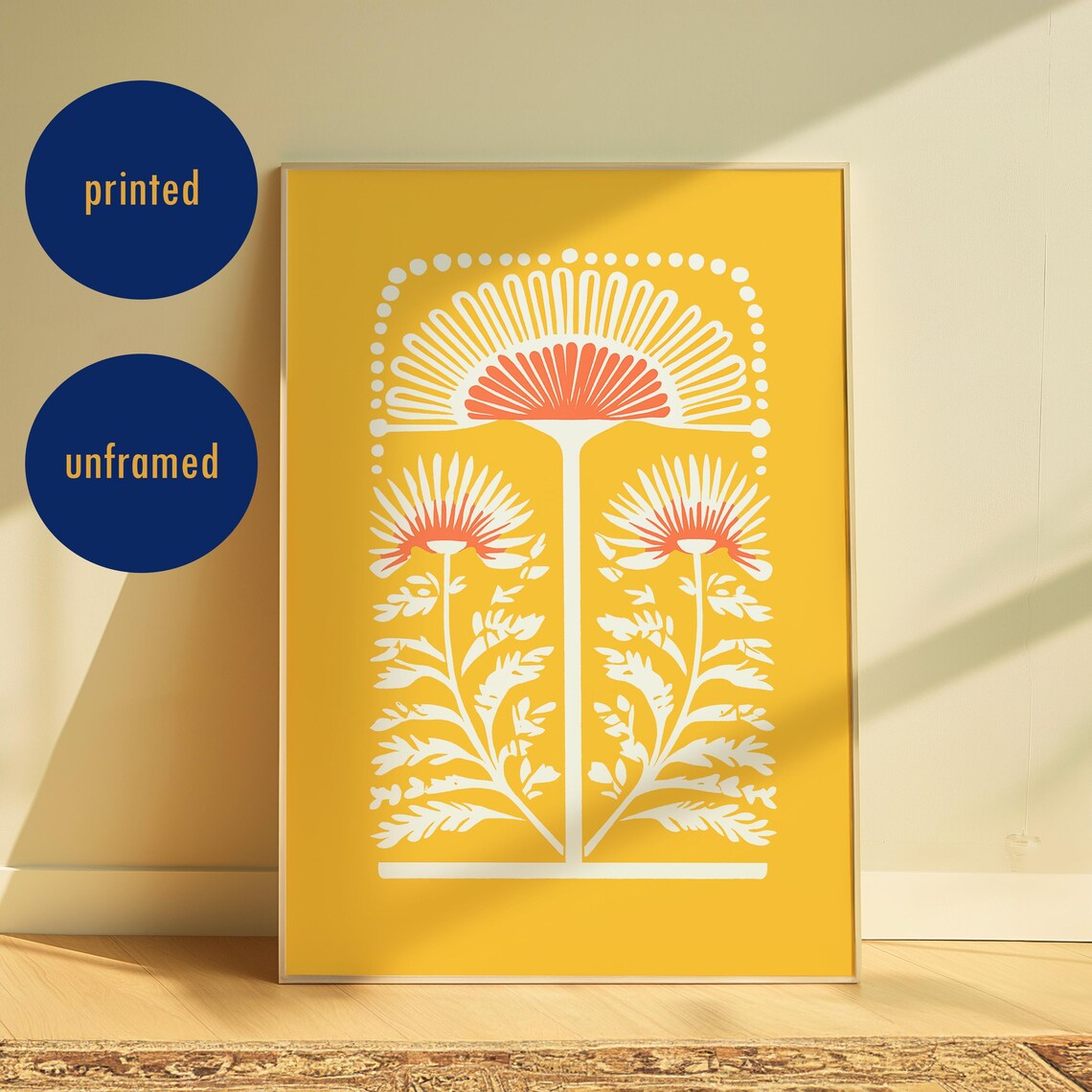 Yellow Retro Folk Art Flowers White Blooms Sunny Botanical Poster