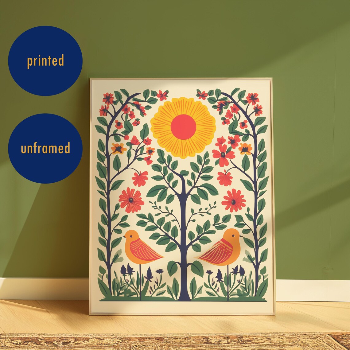 Scandinavian Folk Art Birds Sun Tree Colorful Wall Decor Poster