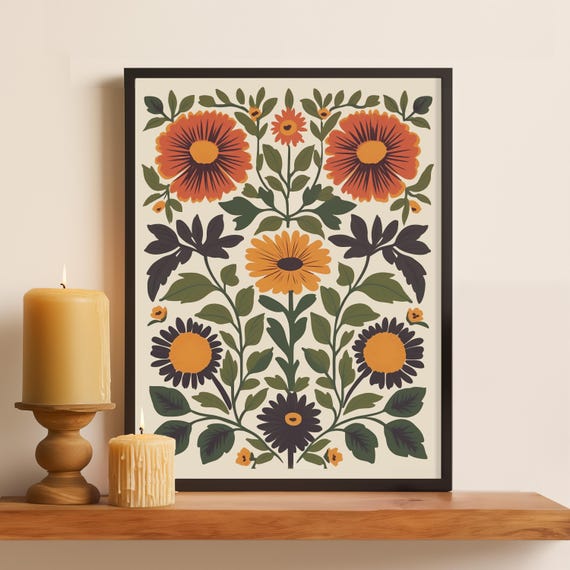 Orange Retro Folk Art Flowers Earthy Autumn Botanical Wall Art