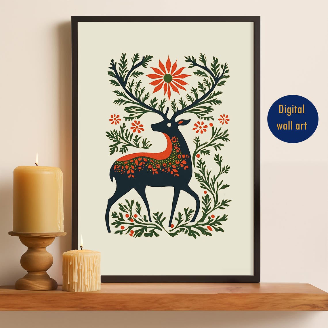 Nordic Christmas Deer Folk Art Winter Holiday Wall Decor Poster