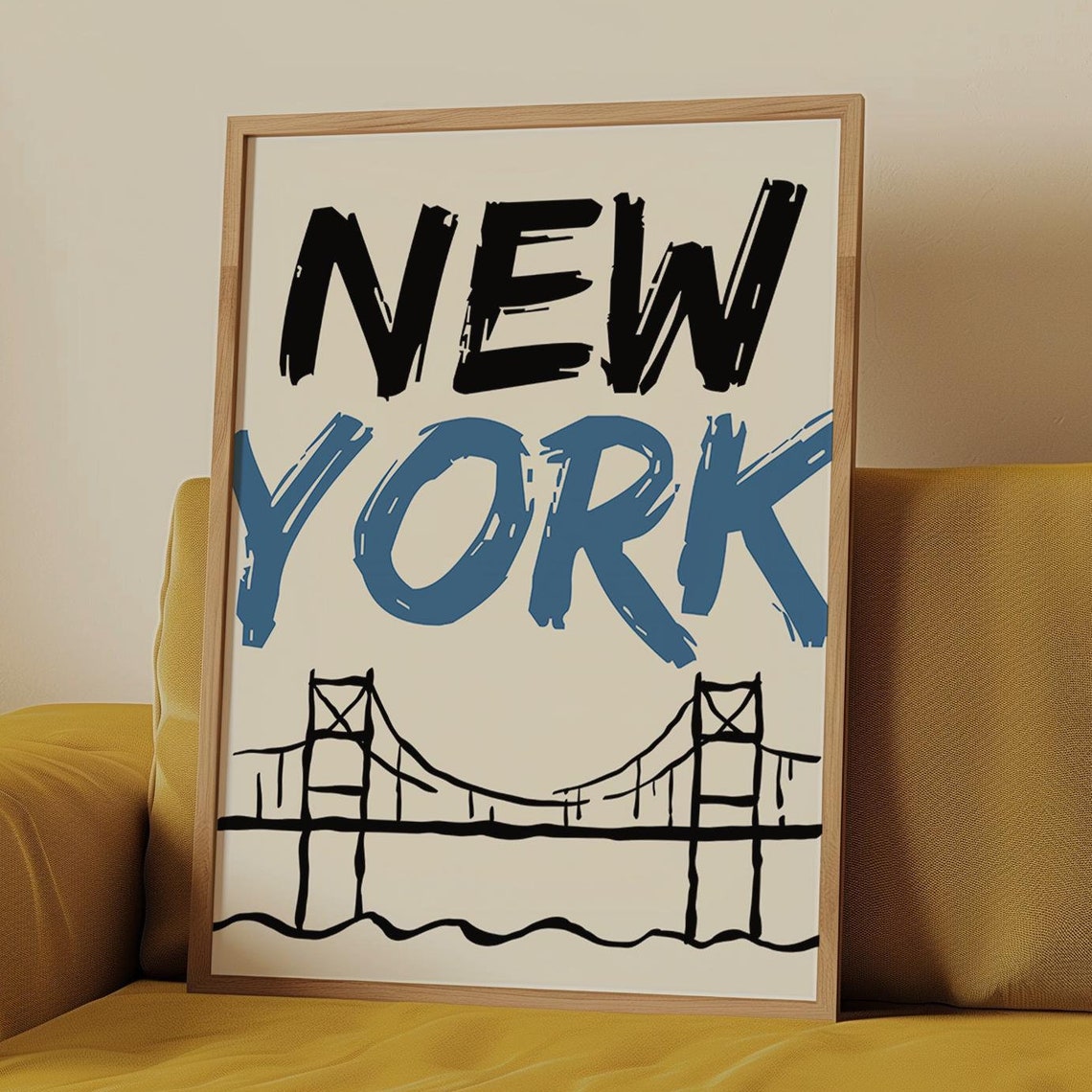 New York City Suspension Bridge Brush Lettering Sketch Art Poster