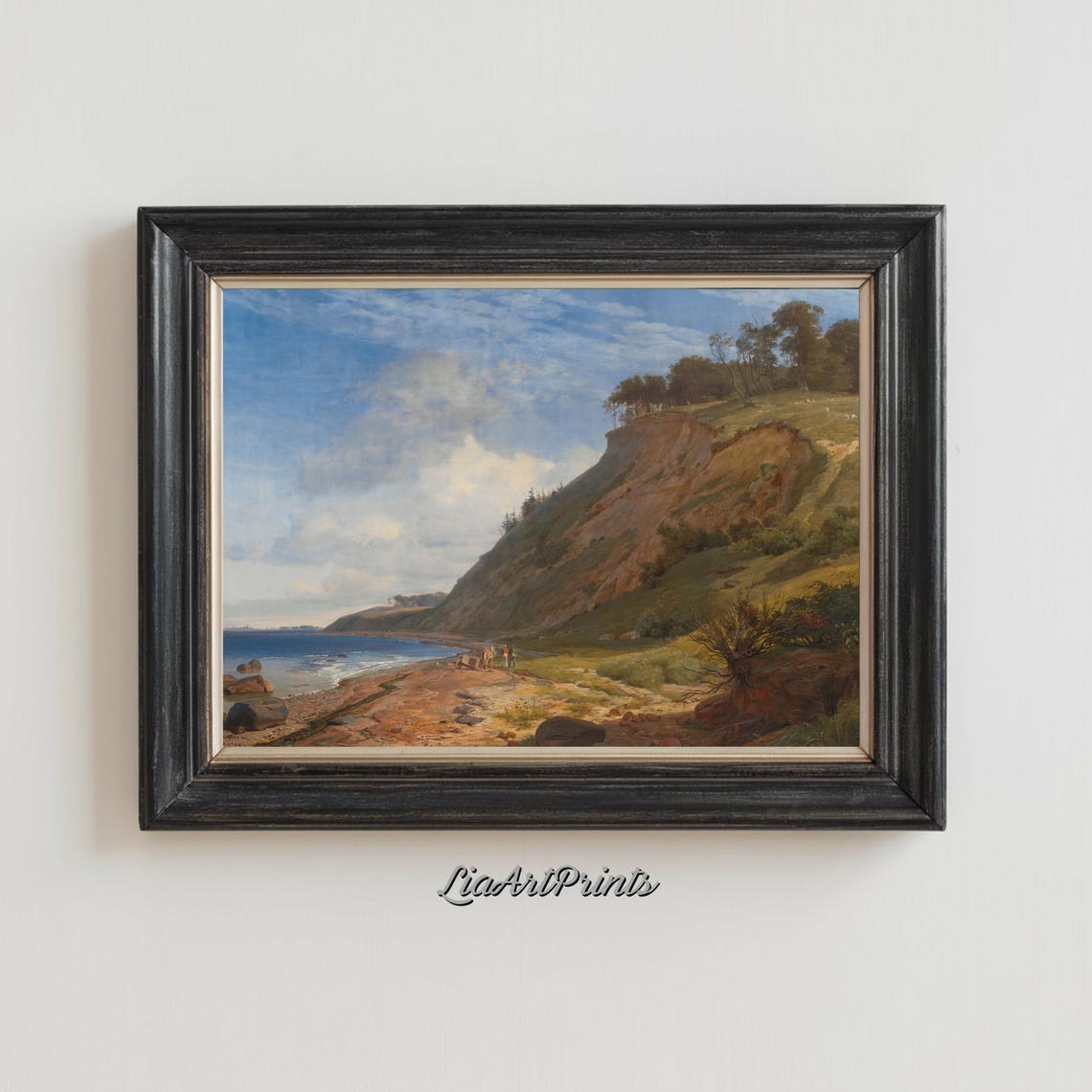Sunny Coastal Cliff Beach Scene with Travelers and a Horse Poster - Image 2