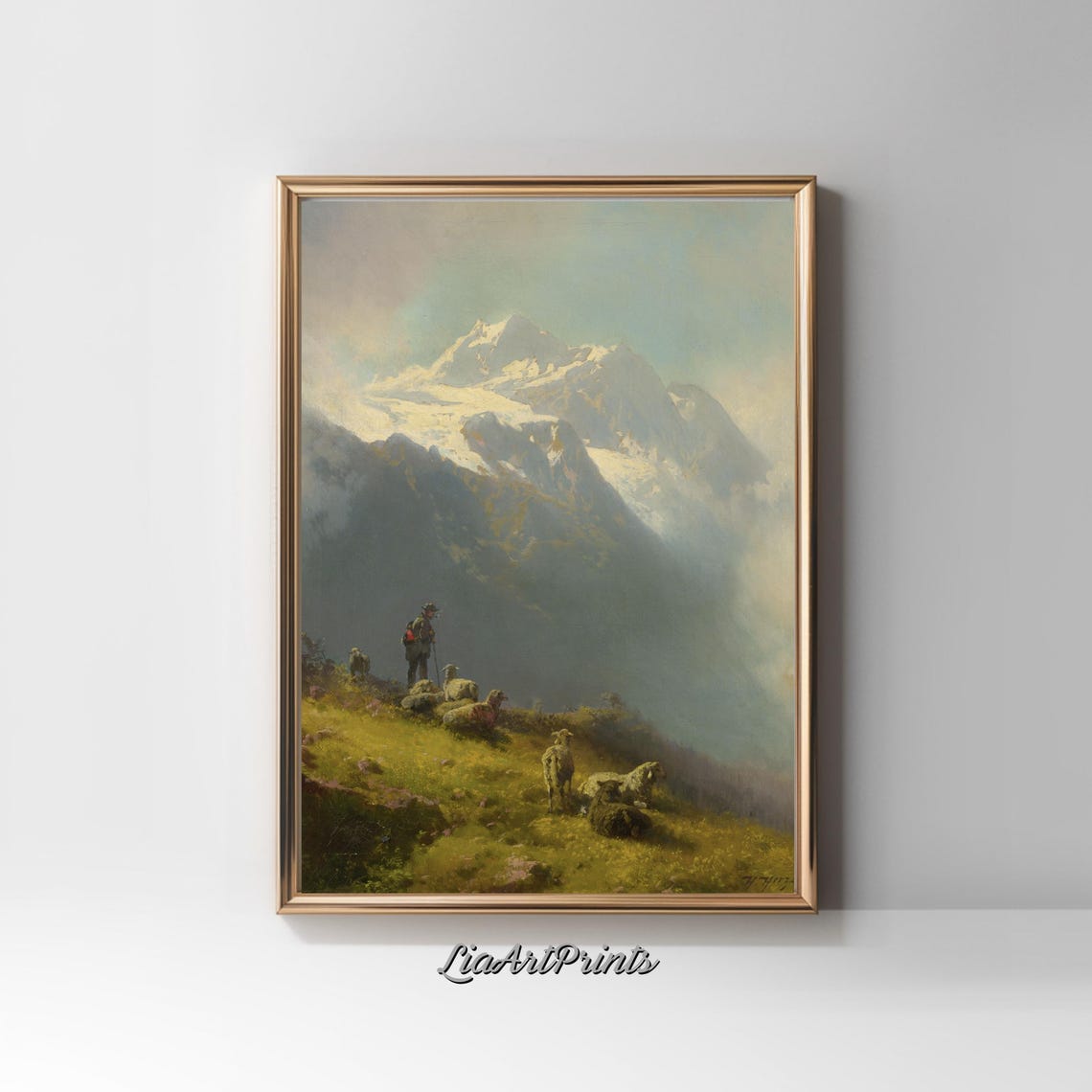 Alpine Shepherd with Sheep before a Snow Capped Mountain Peak Poster - Image 2