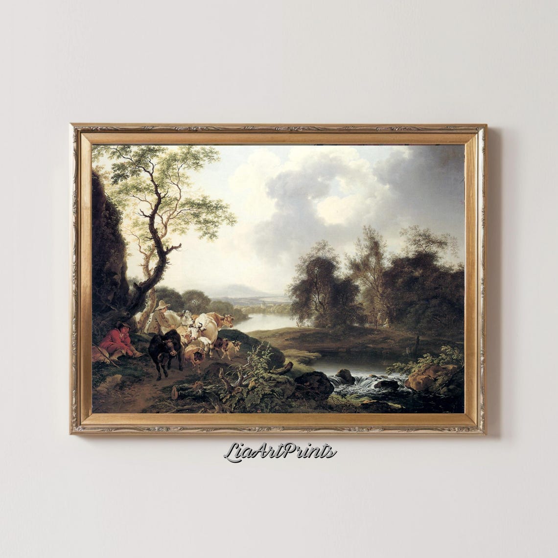 Pastoral River Scene Countryside Landscape With Livestock Tranquil Rural Art - Image 2