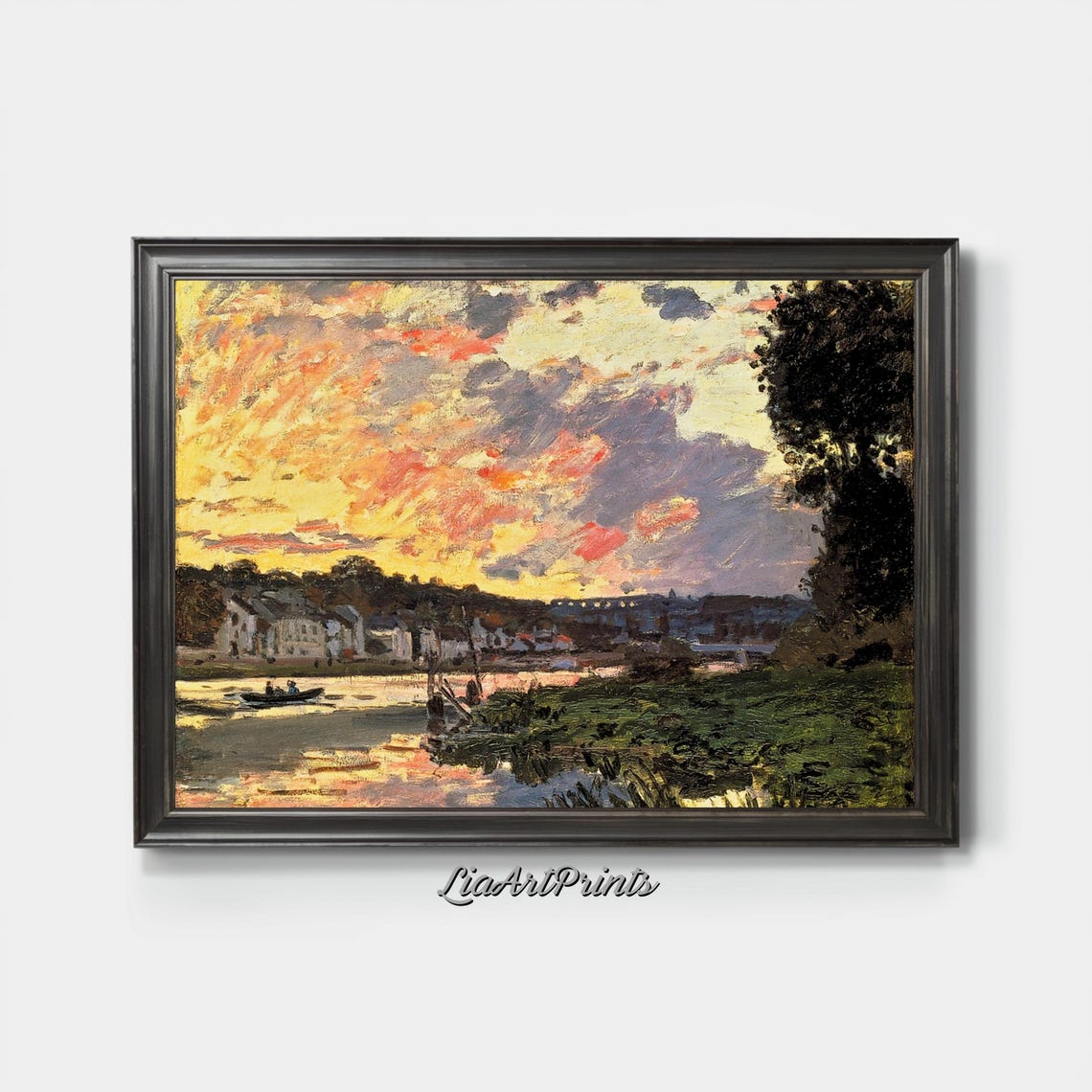 Fiery Sunset River Boats Impressionist Golden Sky Landscape Poster - Image 3