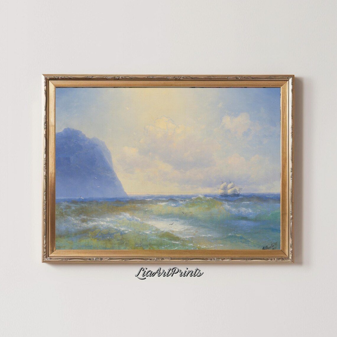 Sailing Ship on Green Ocean Waves Near a Rocky Cliff Vintage Nautical Print - Image 2