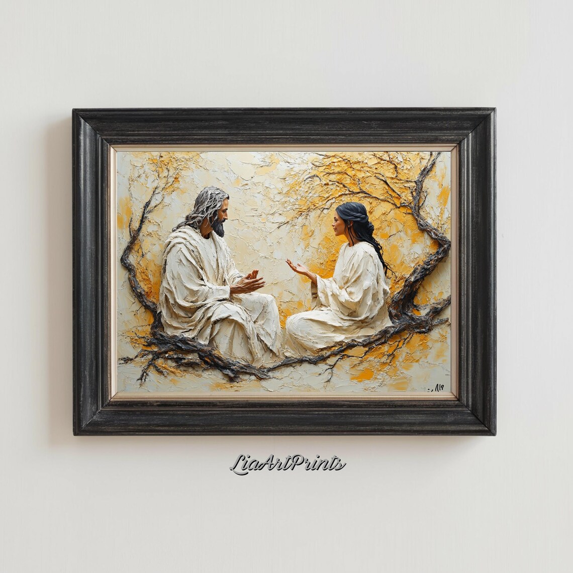 Jesus and Woman Talking Under Golden Tree Textured Religious Painting Poster - Image 2