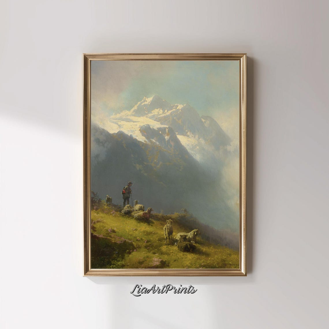 Alpine Shepherd with Sheep before a Snow Capped Mountain Peak Poster - Image 3