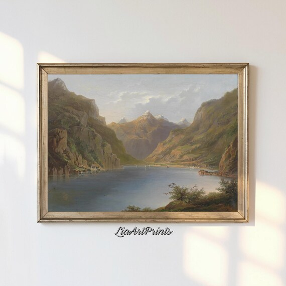 Vintage Mountain Lake Wall Art Tranquil Landscape Rustic Nature Decor Neutral Tones Artwork Serene Mountain Scene
