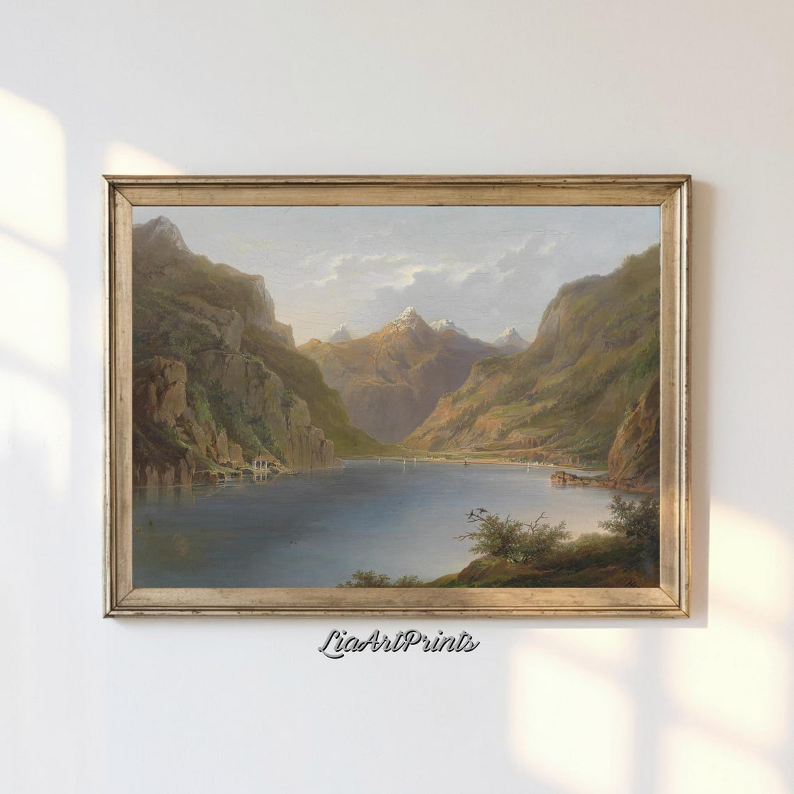 Serene Alpine Lake between Mountains with Snow Capped Peaks Poster