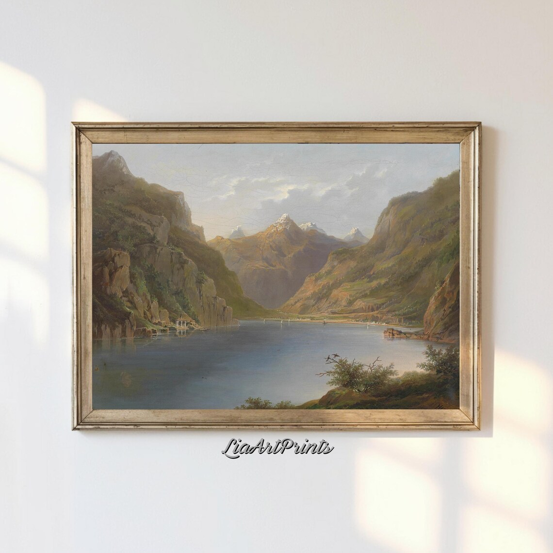 Vintage Mountain Lake Wall Art Tranquil Landscape Rustic Nature Decor Neutral Tones Artwork Serene Mountain Scene