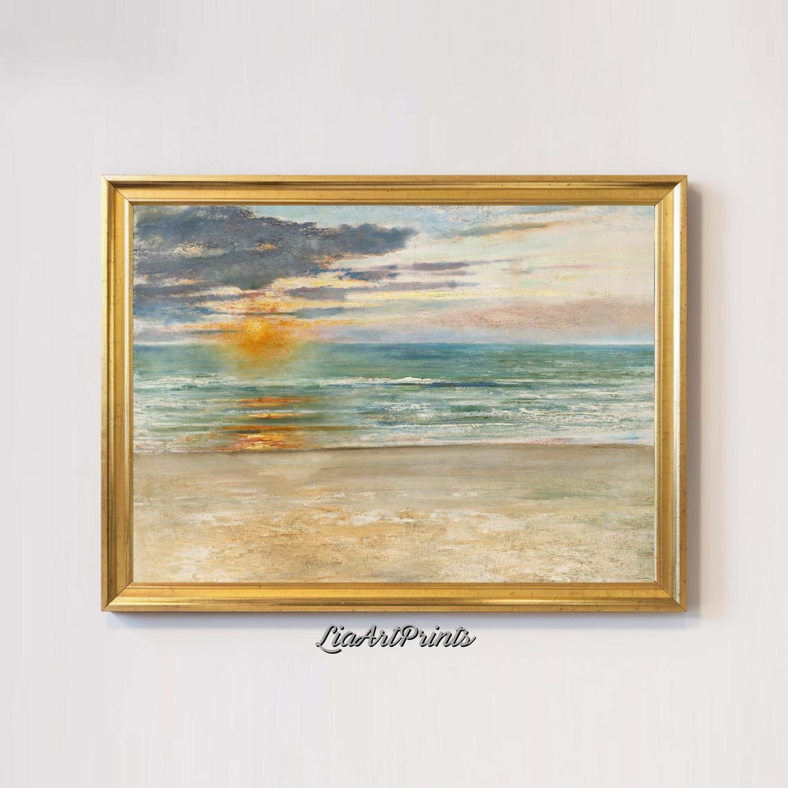 Impressionist Beach Sunrise with Golden Sun over Ocean Waves Poster - Image 2