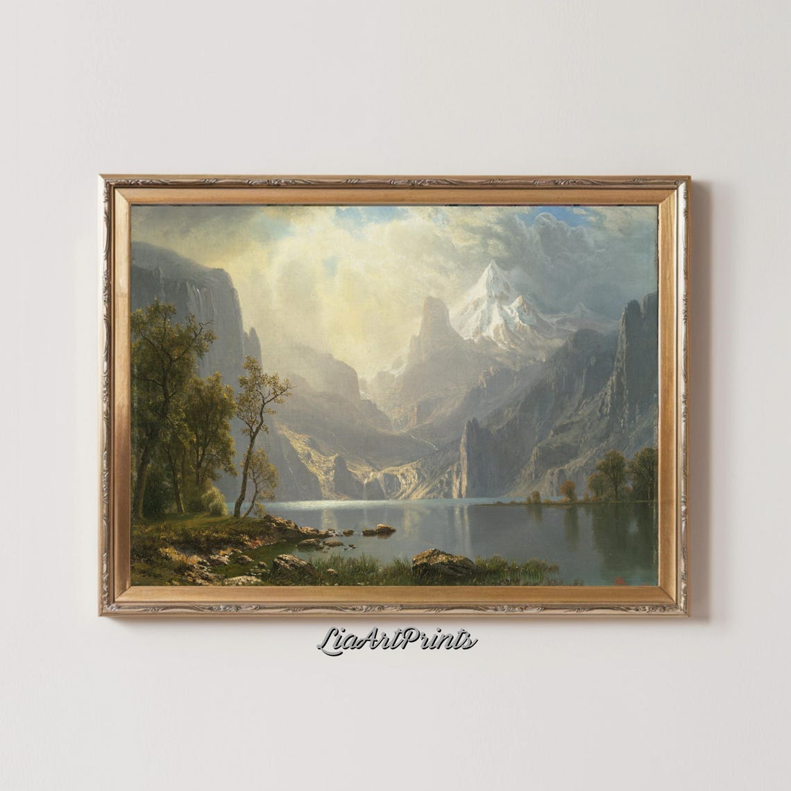 Serene Alpine Lake Mirrored Snow Peaks Misty Mountain Art Poster - Image 2