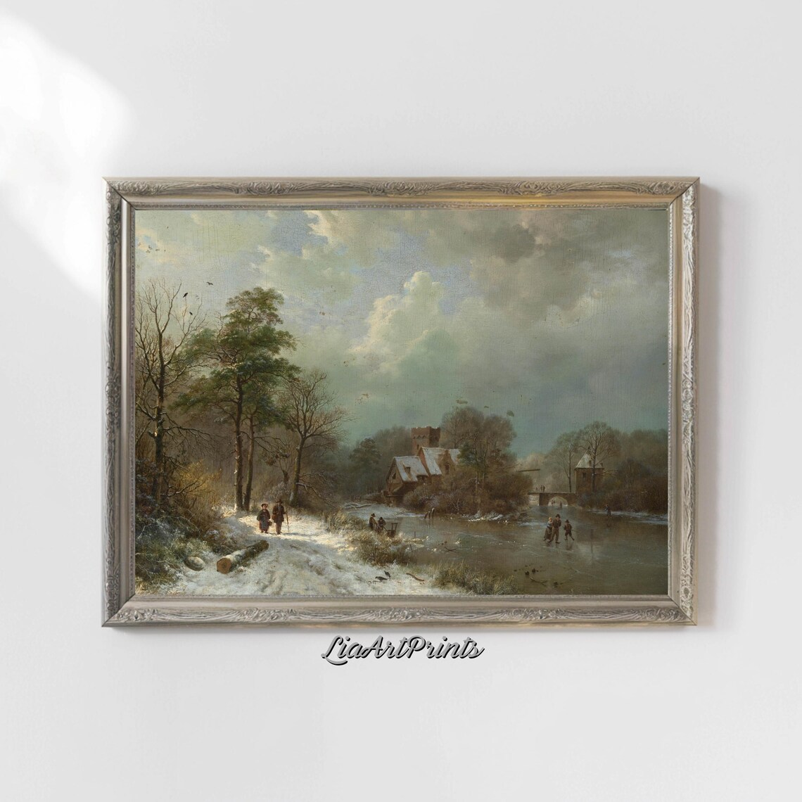 Winter Landscape With Ice Skaters, Rustic Village - Image 5
