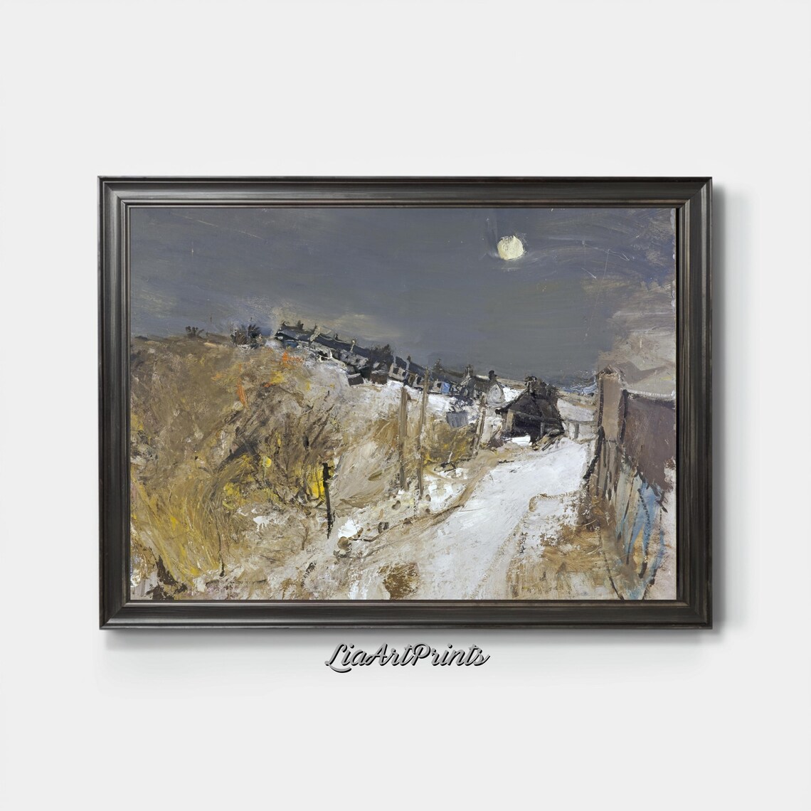 Winter Moonlit Village Landscape, Rustic Snowy Night - Image 4