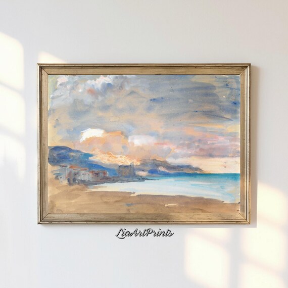 Tranquil Coastal Sunset Watercolor Seaside Village and Mountain Poster