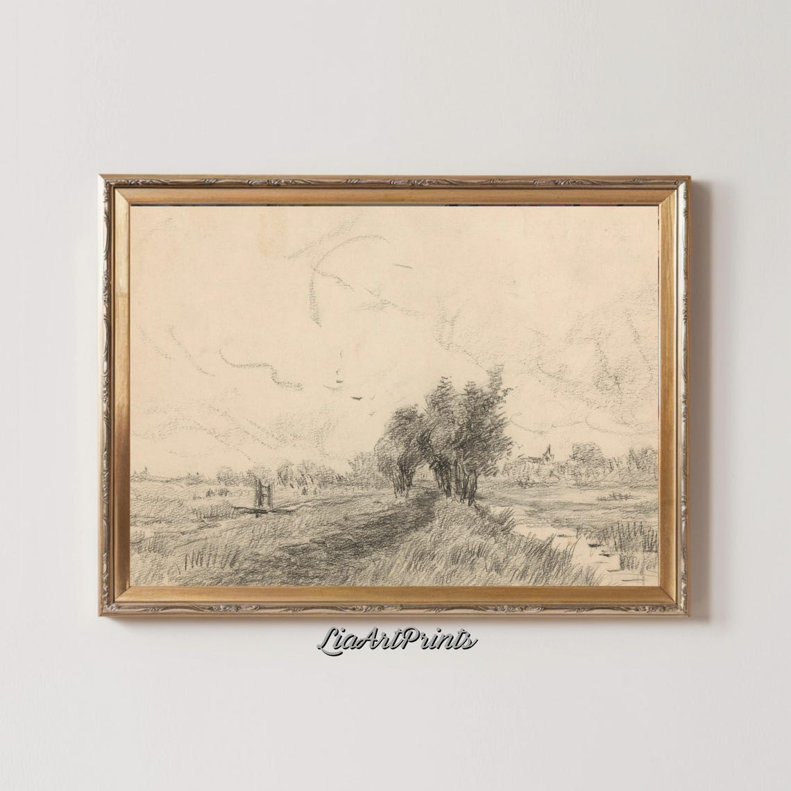 Charcoal Pencil Sketch Windswept Trees Along Path Minimalist Poster - Image 2