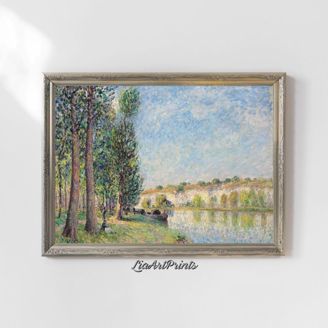 Impressionist Tall Trees River Bank Quiet Boat Scene Landscape Poster - Image 4