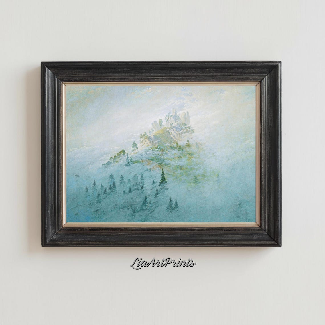 Dreamy Misty Alpine Peak Rising through Fog with Pine Trees Poster - Image 3
