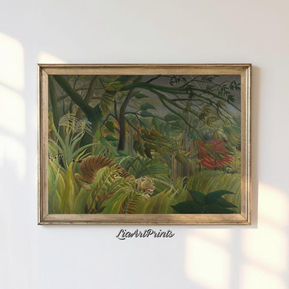 Vintage Jungle Scene Artwork Henri Rousseau Inspired Art Exotic Wildlife Tropical Wall Art Digita