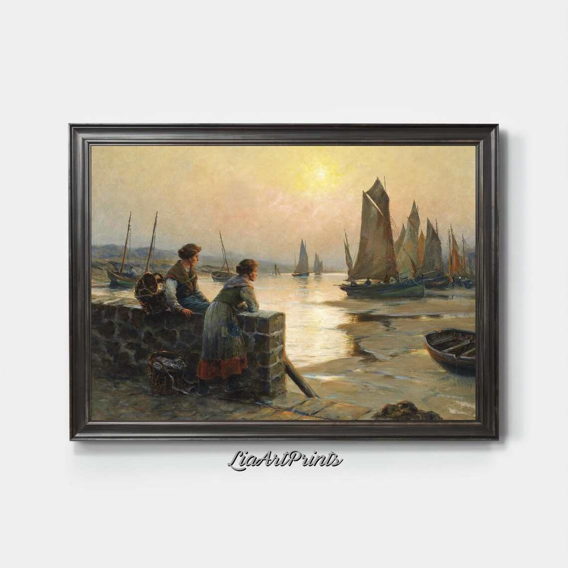Harbor Sunset Vintage Seaside Scene Sailboats Golden Coastal Art Poster - Image 3