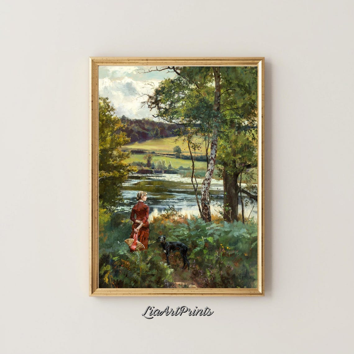 Serene Riverside Walk with a Woman and Her Dog Vintage Lakeside Print - Image 5