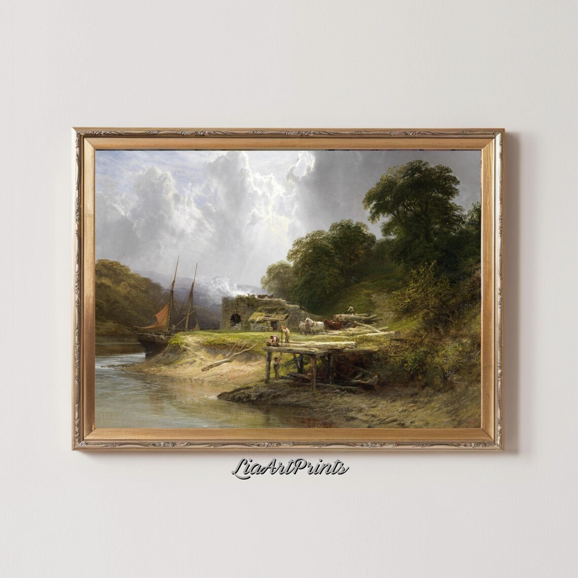 Rustic Riverside Scene, Vintage Countryside Landscape - Image 3