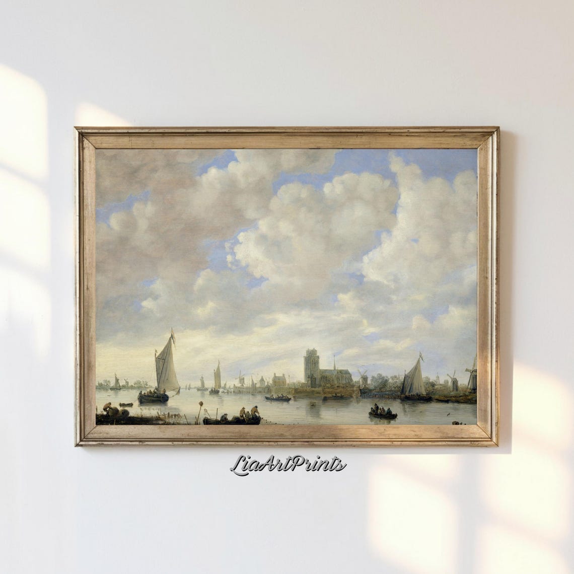 Dutch Golden Age River Scene with Sailboats and Windmills Poster