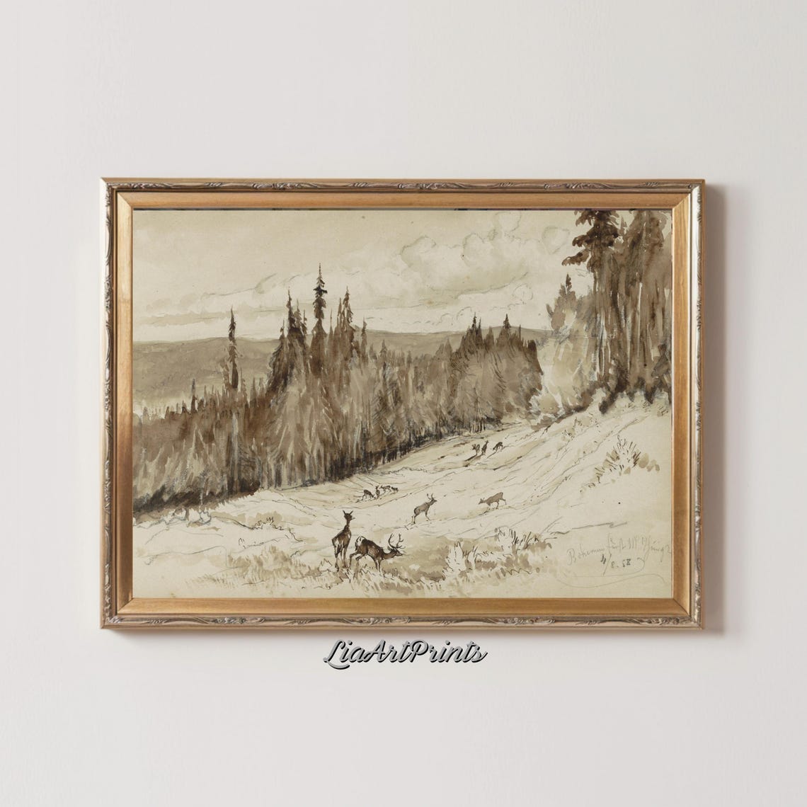 Rustic Forest Deer on Wooded Hillside Vintage Sepia Wildlife Poster - Image 2