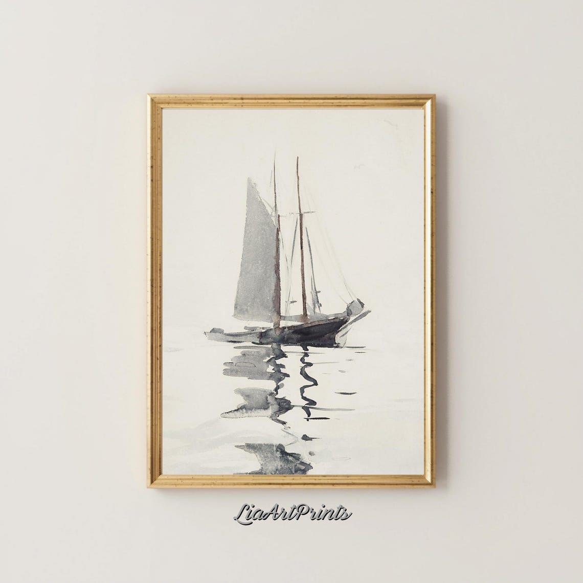 Minimalist Watercolor Sailboat on Calm Water with Reflection Poster - Image 4