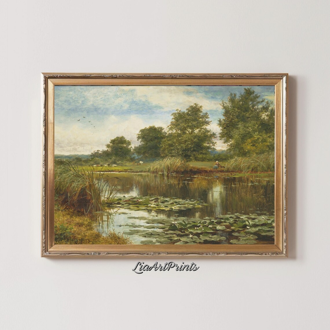 Tranquil Lily Pond Scene, Serene Countryside Art Print - Image 2