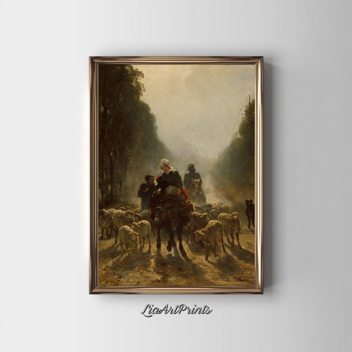 Shepherds Leading Sheep Down a Wooded Path Vintage Pastoral Poster - Image 2