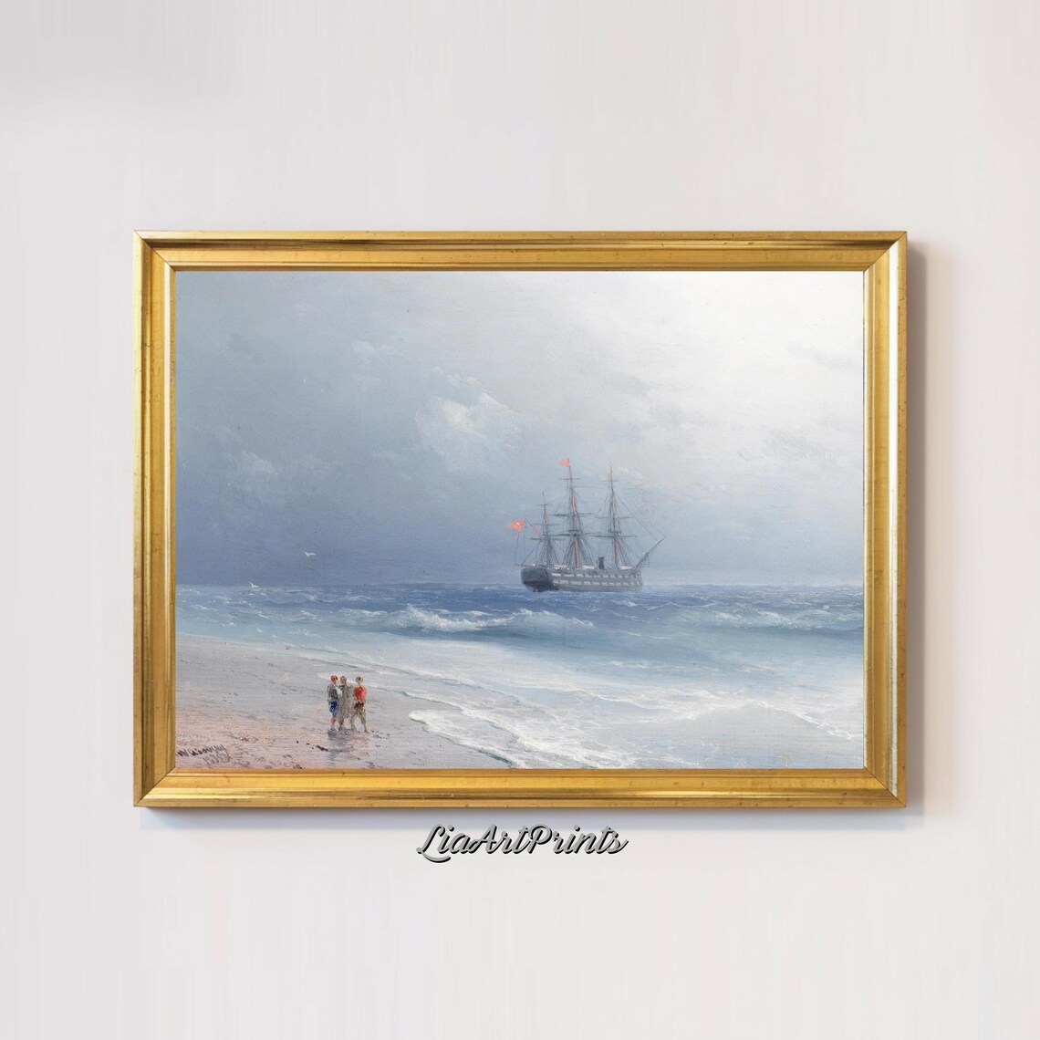 Serene Seascape with a Tall Ship and Figures on the Beach Vintage Print - Image 3
