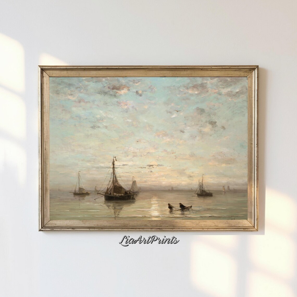 Serene Boats Calm Sea Sunrise Vintage Impressionist Marine Art Poster