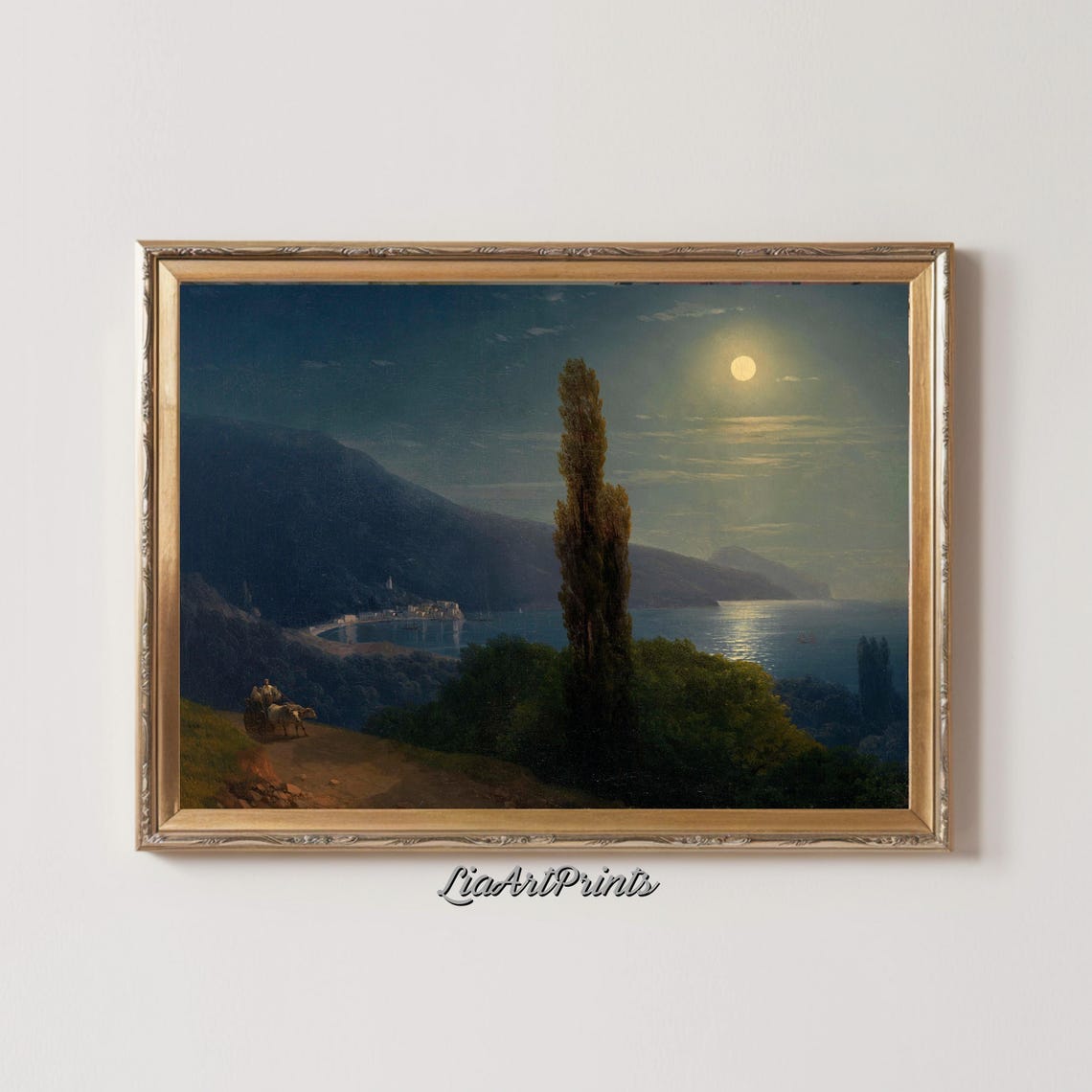 Moonlit Coastal Bay with Cypress Trees and a Night Cart Vintage Print - Image 2