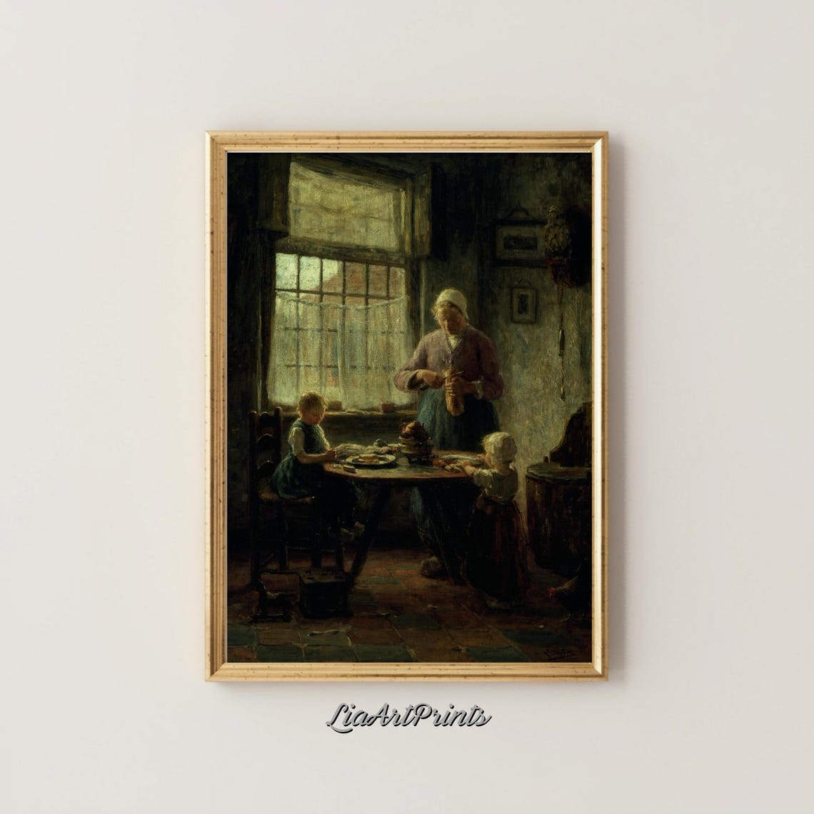Mother Serving Children by a Sunlit Window Dutch Interior Scene Poster - Image 4