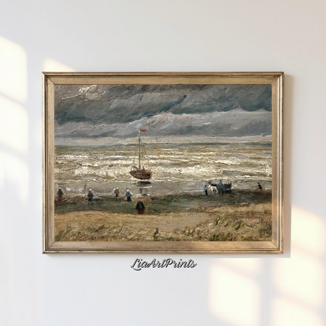 Stormy Beach Fishing Boat Dark Sky Dramatic Coastal Scene Art Print
