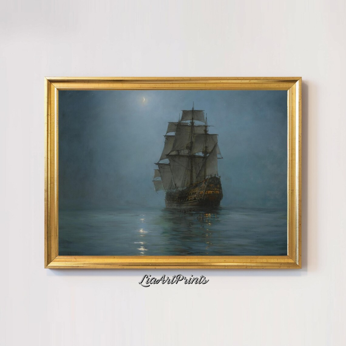 Majestic Ship Under Moonlight, Nautical Art Print - Image 2