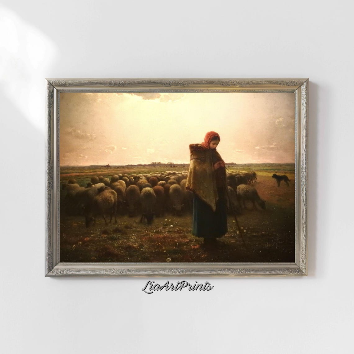 Shepherd At Sunset Wall Art Rustic Countryside Scene With Flock Artwork For Warm And Cozy Decor - Image 4