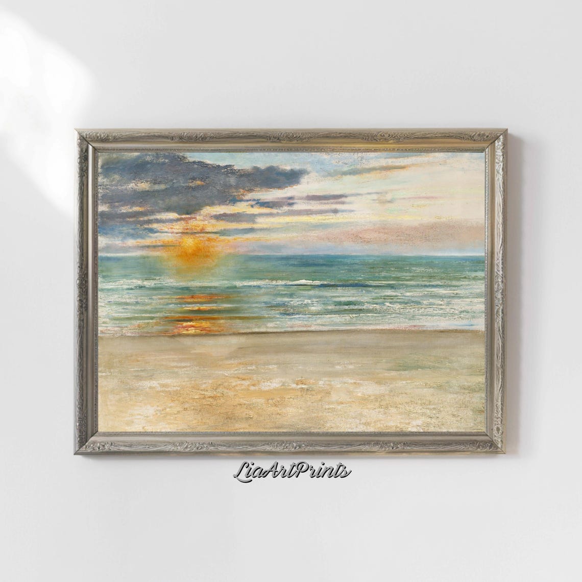 Impressionist Beach Sunrise with Golden Sun over Ocean Waves Poster - Image 4