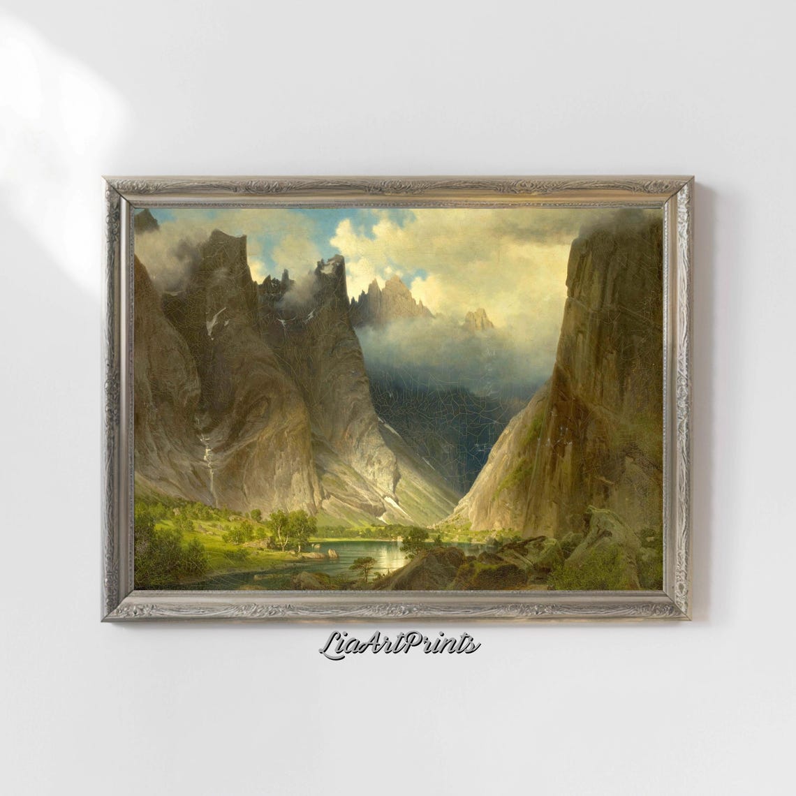 Towering Jagged Alpine Peaks with Waterfall and Misty Lake Poster - Image 4