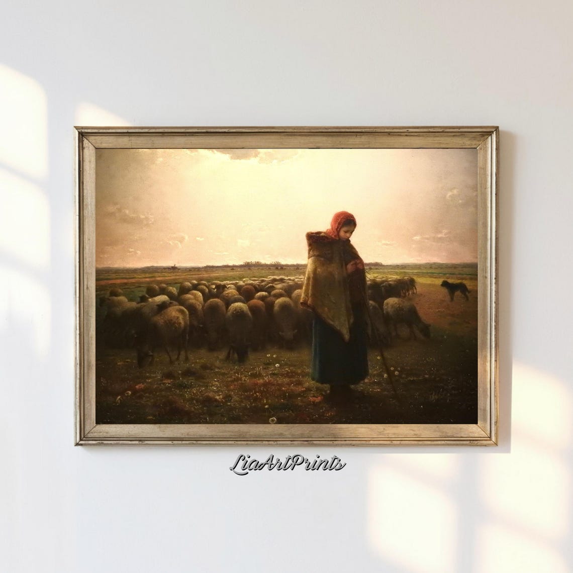 Shepherdess with Sheep Flock at Sunset Pastoral Countryside Poster