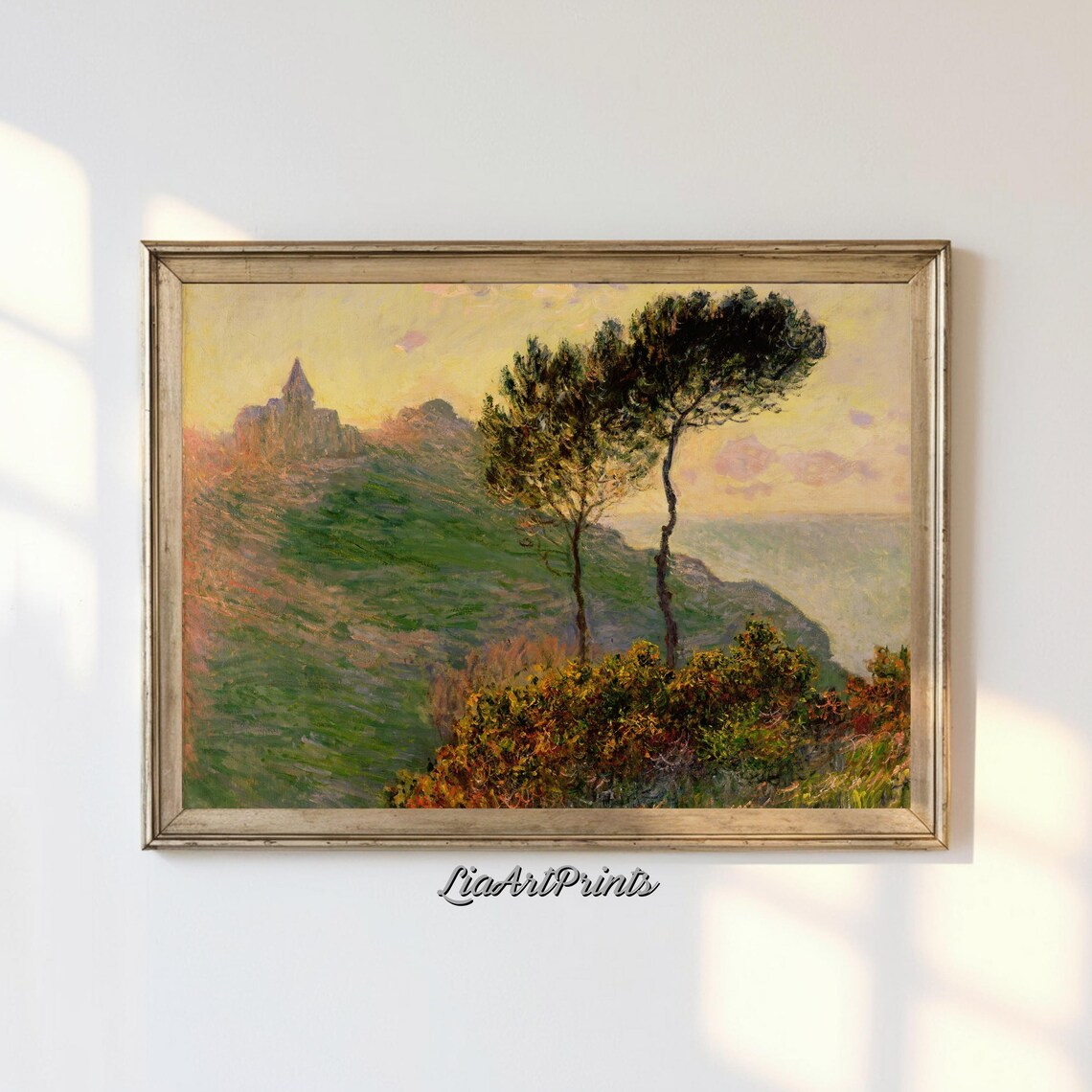 Claude Monet Church on Cliff at Sunset with Pine Trees Impressionist Poster