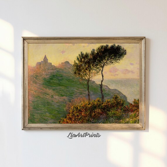 Claude Monet Church on Cliff at Sunset with Pine Trees Impressionist Poster