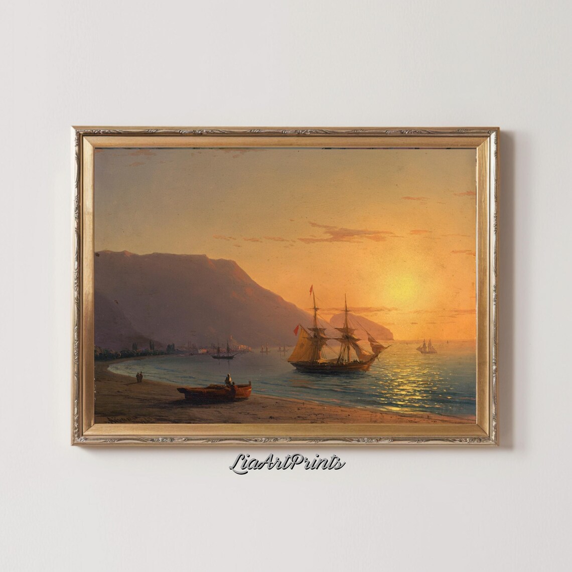 Golden Sunset with a Sailing Ship by Rocky Cliffs Vintage Nautical Print - Image 3