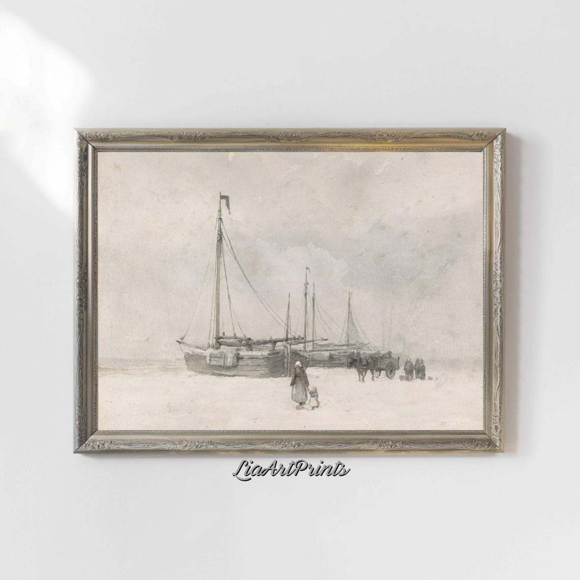 Vintage Harbor Sketch Beached Boats with Figures Minimalist Art Poster - Image 4